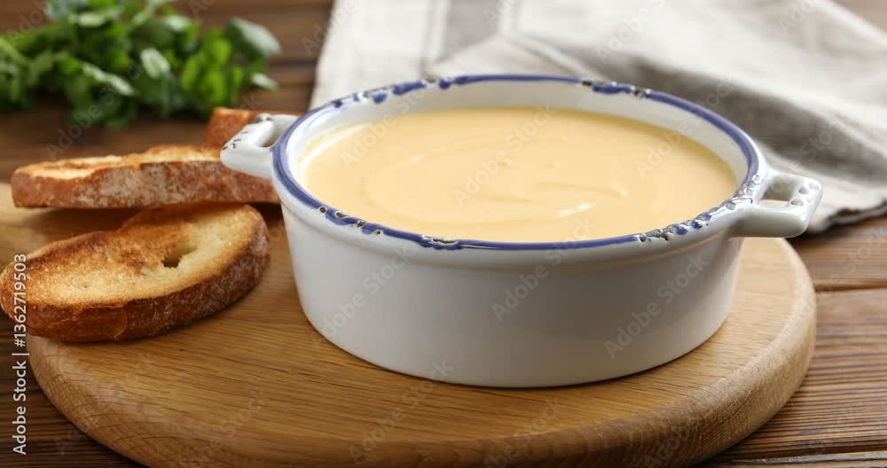 Woman adding green onion to tasty cheese sauce at wooden table, closeup Woman adding green onion to tasty cheese sauce at wooden table, closeup