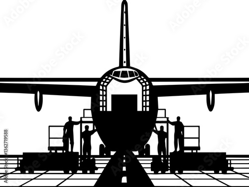 Logistics and air freight operations at airports represented in SVG and vector formats. Aircraft Loading Operations with Workers Handling Cargo