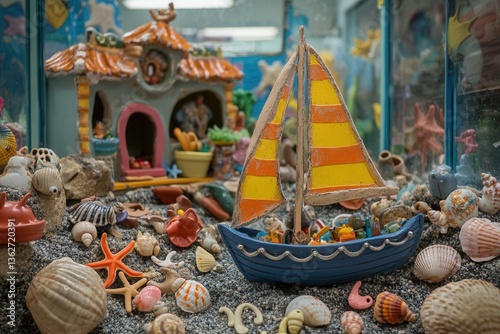 Colorful Toy Sailboat Surrounded by Seashells and Marine Decor