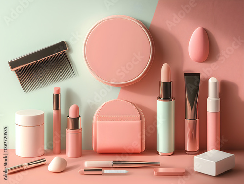 Flat lay of pastel makeup products on soft pink and mint background, including lipsticks, brushes, and tools in a clean and minimal beauty arrangement, perfect for cosmetic or skincare themes