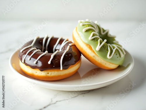 Close-Up of Chocolate & Matcha Glazed Donuts on White Plate