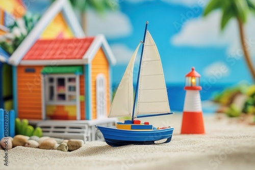 Colorful Toy Sailboat with Beach House and Lighthouse Background