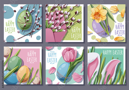 Happy Easter Square Card Set with Bunny Ears in Grass, Colorful Eggs, Tulips, Daffodils and Willow Branches. Spring Holiday Design for Banners, Social Media and Festive Decor. Vector Illustration