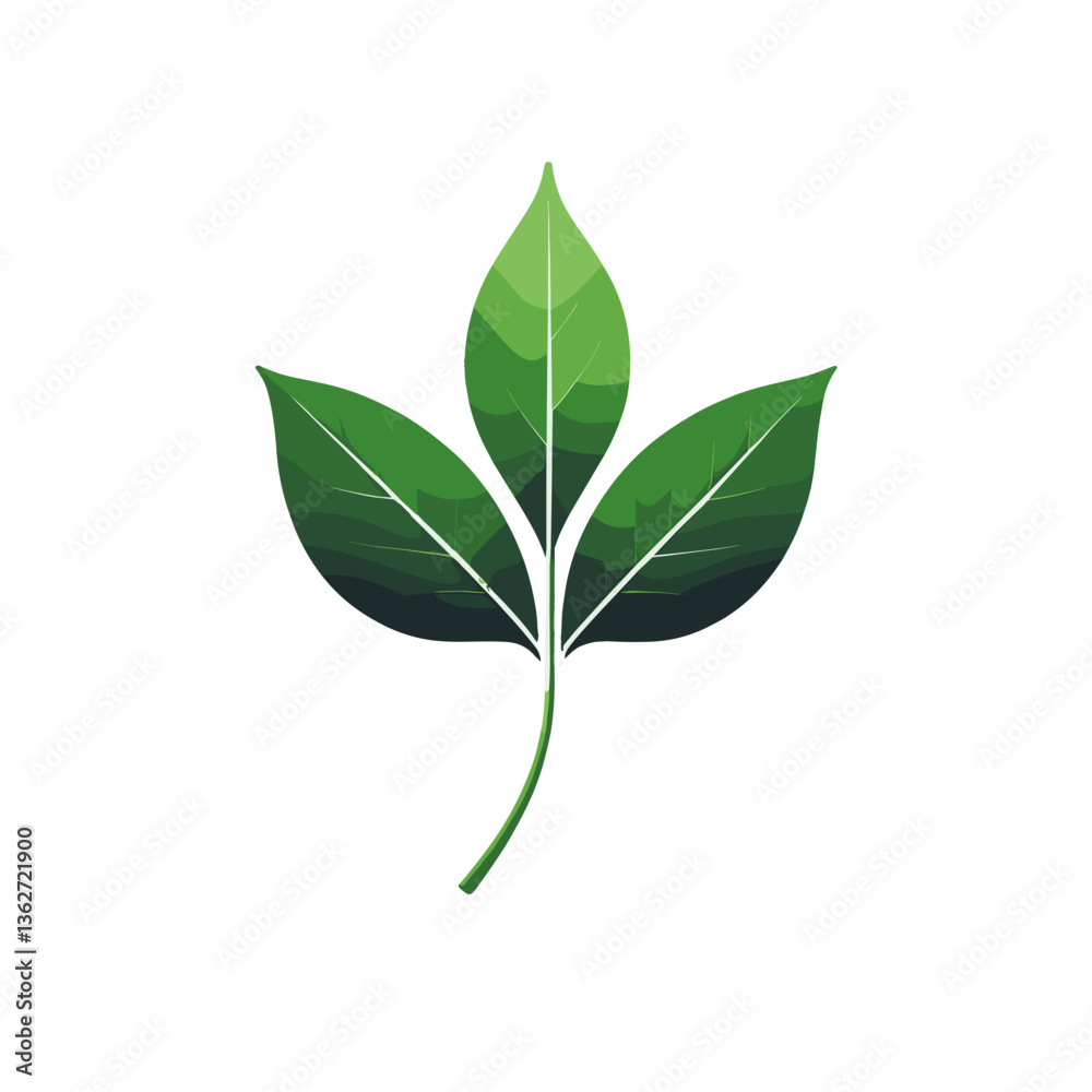 The image features a realistic, stylized illustration of a branch with three vibrant green leaves. The leaves are designed with a gradient effect, showcasing various shades of green that emphasize the The image features a realistic, stylized illustration of a branch with three vibrant green leaves. The leaves are designed with a gradient effect, showcasing various shades of green that emphasize the