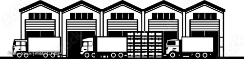 Logistics and delivery warehousing illustrated in SVG and vector formats. Busy Warehouse with Trucks and Cargo Pallets in Black and White