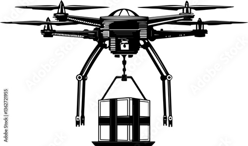 Logistics and delivery warehousing illustrated in SVG and vector formats. Drone Delivery System Concept with Package Suspension Mechanism