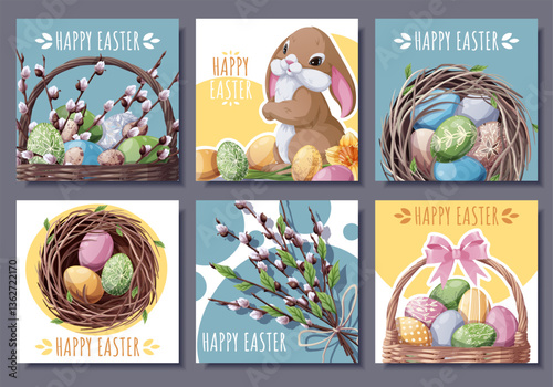 Happy Easter Square Card Set with Cute Bunny, Eggs in Nest, Basket and Willow Branches. Perfect for Banners, Posters, Social Media, and Festive Decor. Cheerful Vector Illustrations.