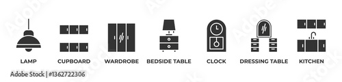 Complete Home Essentials  Icons set vector illustration with  LAMP , CUPBOARD, WARDROBE, BEDSIDE TABLE, CLOCK, DRESSING TABLE, KITCHEN