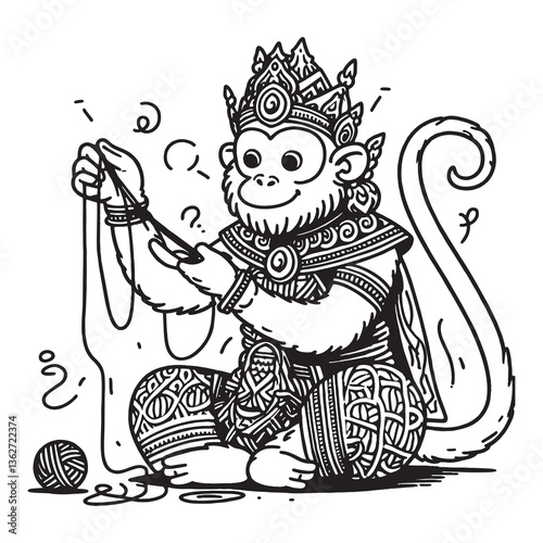 a monkey sitting on the floor. Intricate Illustration of Monkey in Decorative Style Holding a Yarn Ball