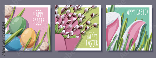 Happy Easter Square Card Set with Bunny Ears in Grass, Colorful Eggs and Willow in Envelope. Spring Holiday Design for Greeting Cards, Social Media and Festive Decor. Cheerful Vector Illustrations.