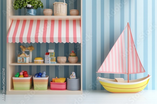 Colorful Toy Shelf with Decorative Sailboat in Playroom Setting