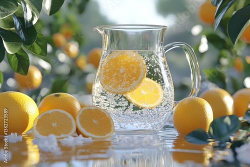 Refreshing lemon and orange drink with bubbles in a glass pitcher surrounded by fresh fruits and greenery