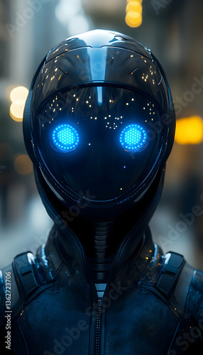 Robotic figure with glowing blue eyes stands in an urban street
