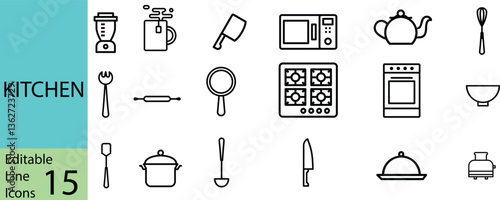 Kitchen Line Editable Icons set. Contains such Icons as Pot, pan and kitchen utensils and more. vector set of kitchen utensils