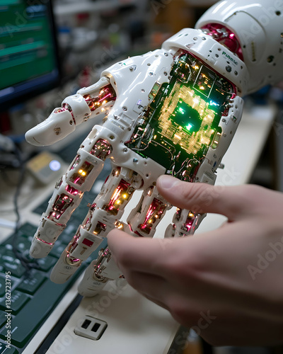 Robotic hand with visible circuitry, demonstrating tech innovation and human-machine interface