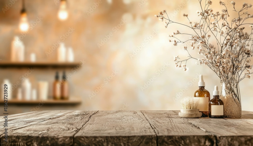 Obraz premium Rustic wooden table displays amber glass bottles, a brush, and dried flowers against a blurred background of shelves with beauty products. Warm lighting creates a calm atmosphere.