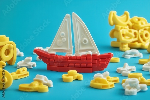 Colorful Toy Ship Surrounded by Playful Building Blocks on Blue