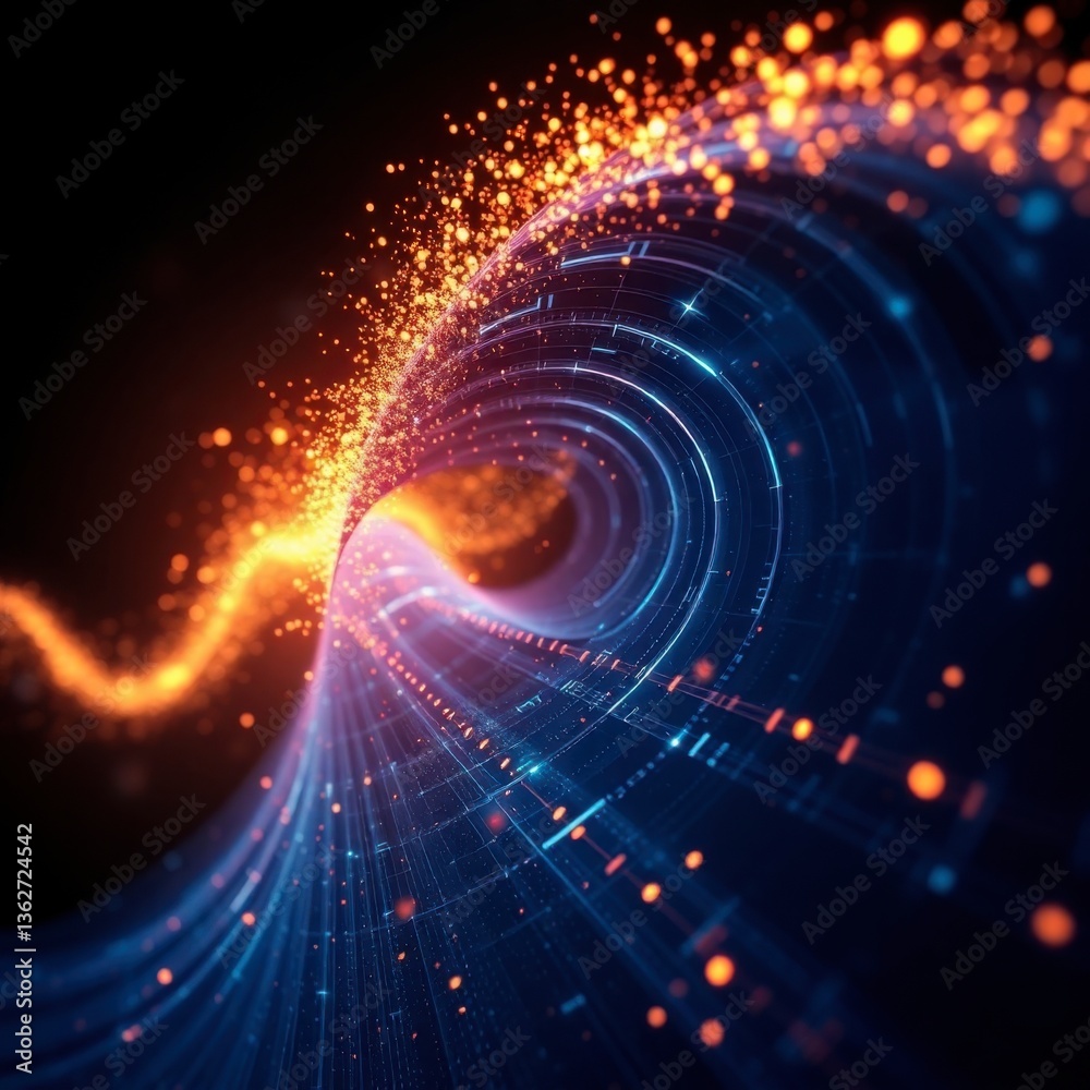Obraz premium Abstract Data Stream with Flowing Orange Particles and Blue Light