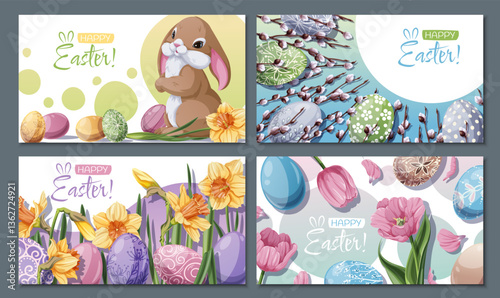 Happy Easter Sale Banner Set with Bunny, Daffodils, Willow Branches, Tulips, and Eggs. Spring Holiday Promo Kit for Social Media, Posters, Flyers, and Digital Ads. Festive Vector Illustrations.