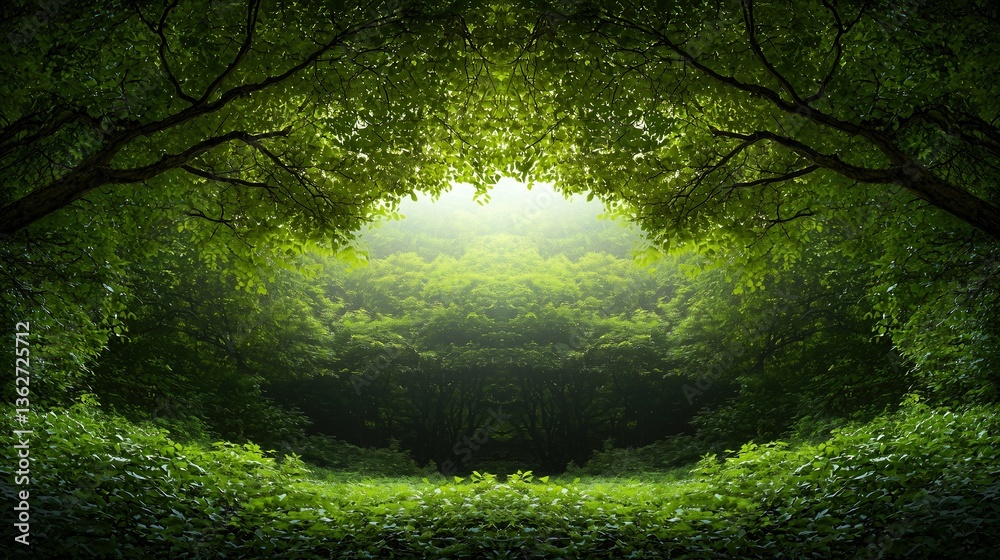 Fototapeta premium Serene Forest Clearing with Natural Green Canopy and Sunlight Streaming Through the Trees