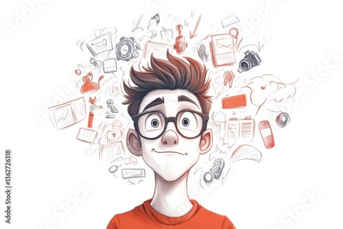 Youthful character surrounded by creative ideas and technology in a lively illustration featuring various digital elements and tools