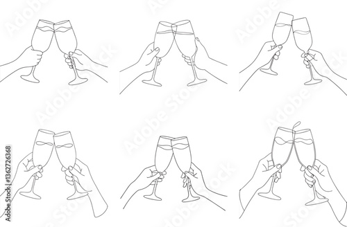 Minimalist line art Hands toasting champagne glasses, celebration icon, drink