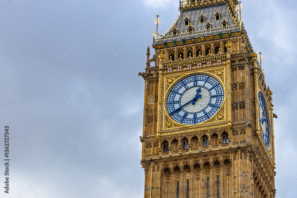 Detailed architectural view of Big Ben clock face in London Detailed architectural view of Big Ben clock face in London