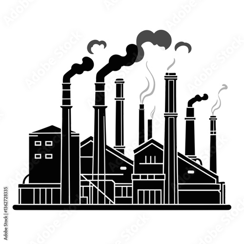 The image features a detailed line drawing of a complex industrial facility comprised of multiple buildings and smokestacks, with smoke visibly billowing from several of the smokestacks. The design ut