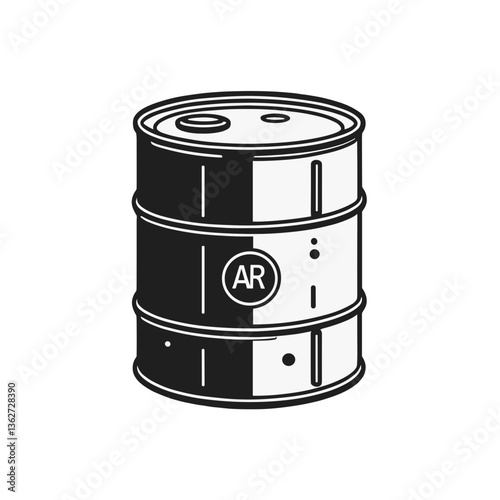 Black and white illustration of a metallic barrel with AR label and flat design