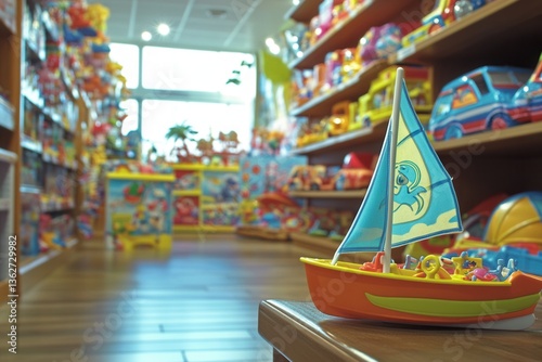 Colorful Toy Store Display with Sailboat in the Foreground
