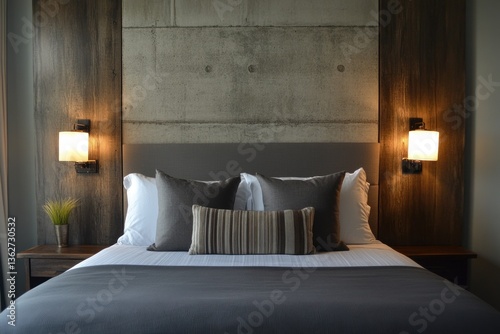 Wallpaper Mural Modern bedroom with concrete wall, wood accents, and gray bedding. Torontodigital.ca