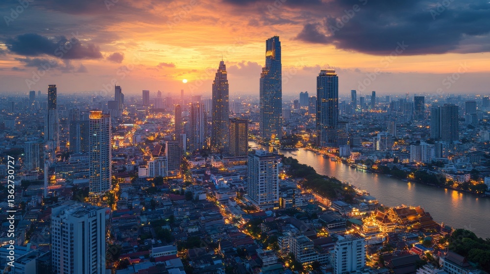Obraz premium Sunset cityscape over the river bangkok aerial view urban landscape evening vibrant skyline