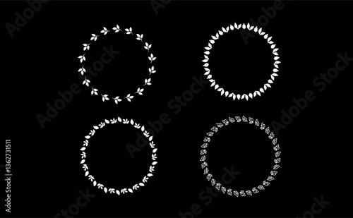 Leaves Line Art Pattern Border, for Garden Circle Wreaths Ornamental Outline with Black Background.