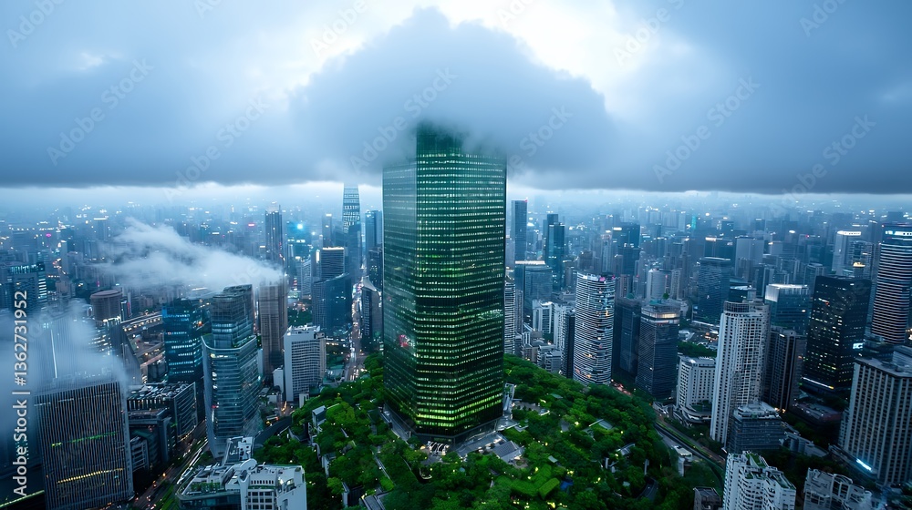 Fototapeta premium Green Skyscraper Emerging from Clouds Over City at Dusk