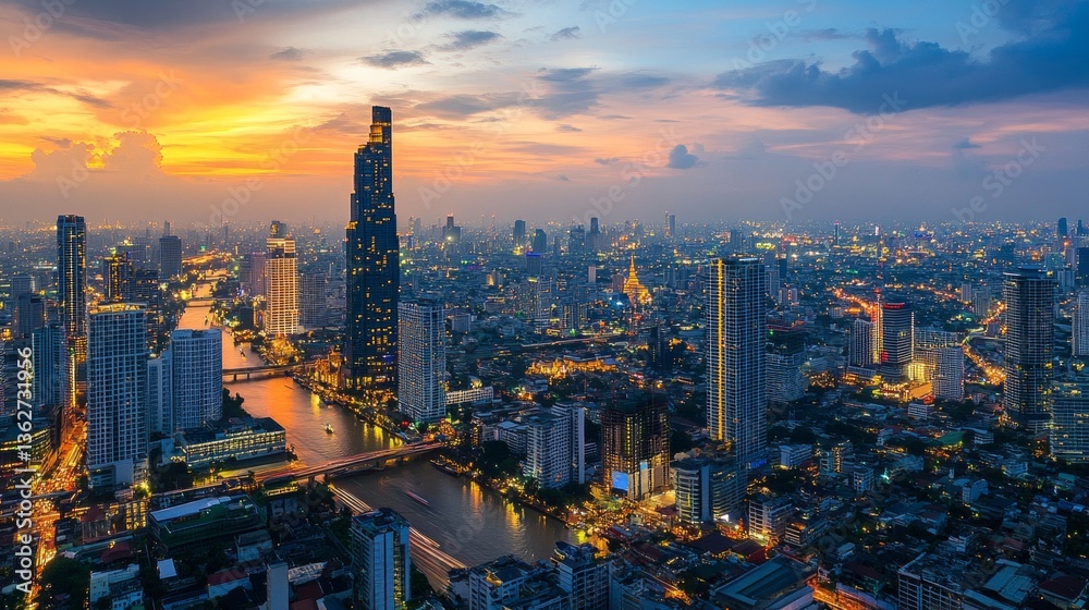 Obraz premium Urban sunset over bangkok river aerial view of cityscape nighttime atmosphere vibrant urban life