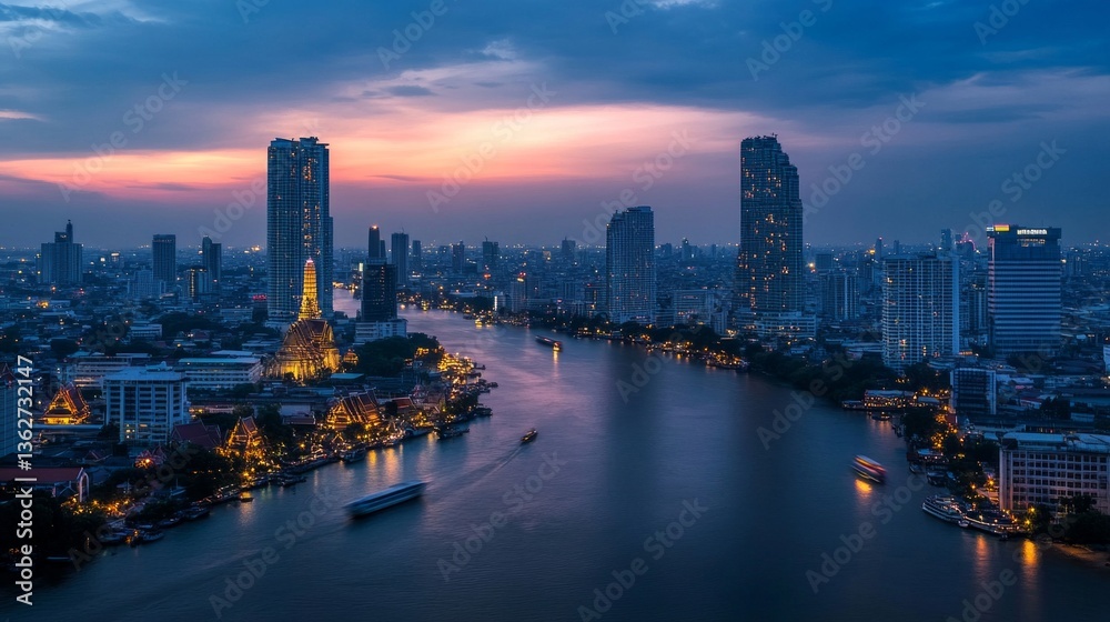 Fototapeta premium Evening river cruise bangkok cityscape urban panoramic serenity under twilight sky