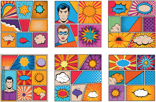 Vintage Comic Book Page Layout with Superhero, Explosion, Speech Bubble & Sun Design