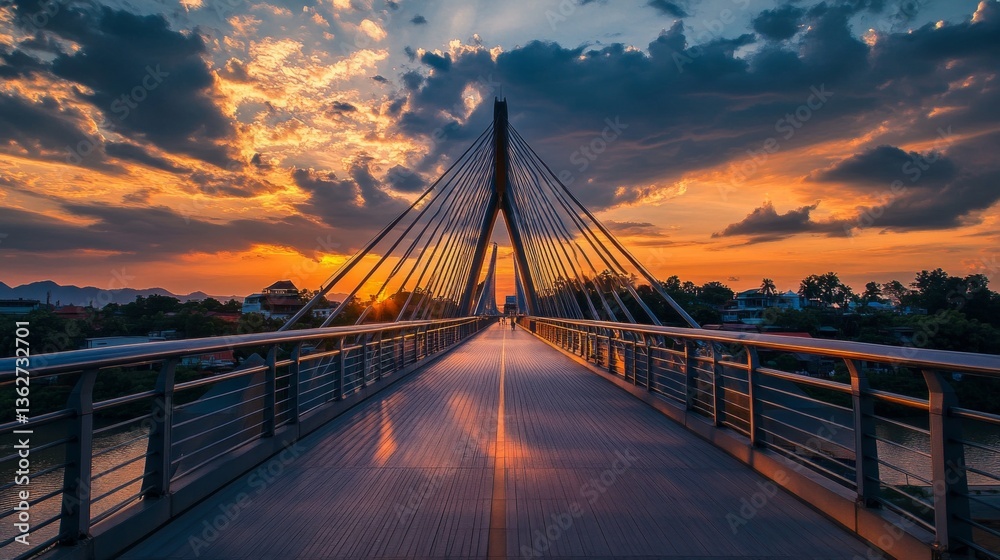 Obraz premium Sunset over suspension bridge urban landscape scenic photography evening light wide angle tranquil atmosphere