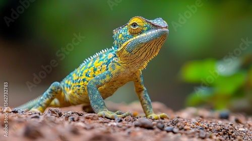 In a vibrant green habitat, a stunning lizard basks under warm sunlight, its intricate patterns and bright colors capturing attention in the tranquil surroundings