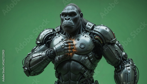 Futuristic cybernetic gorilla with metallic armor and robotic arms, sparks emitting from chest panel, standing against solid green background, with visible cables, bolts, and tech details