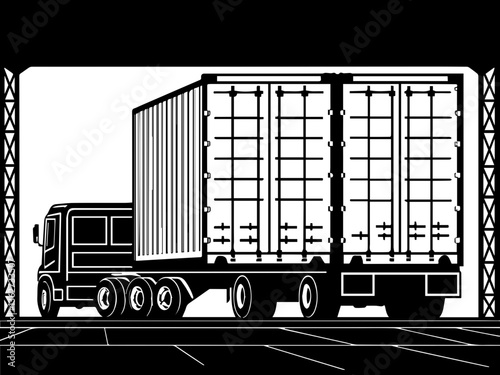 Heavy logistics and vehicles in SVG and vector formats. Black and White Illustration of Truck with Container on Dock