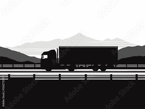 Heavy logistics and vehicles in EPS and vector formats. Silhouette of a Truck Driving on Highway Against Mountain Landscape