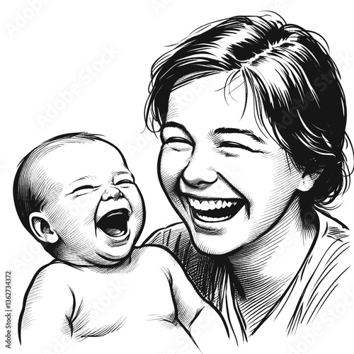 Tiny Chuckles baby laugh black and white line art drawing ink sketch vector hand drawn illustration background