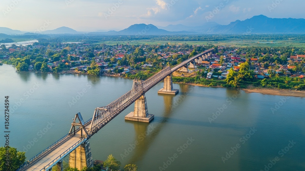 Obraz premium Aerial view of serene bridge over river in tranquil landscape showcasing nature's beauty and architectural harmony