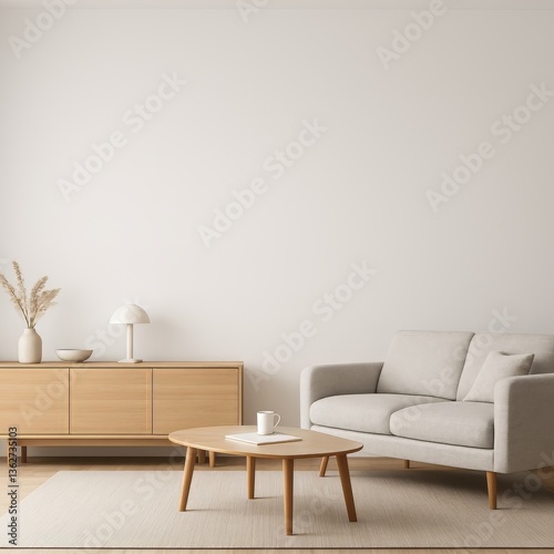 Minimalist interior design shows sofa, table, and cabinet with decor in a neutral color palette on a carpet