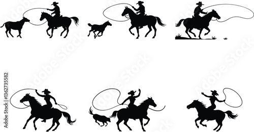 Rodeo Silhouette Set Cowboys, Cowgirls, Horses, and Lasso Action in Monochrome Style