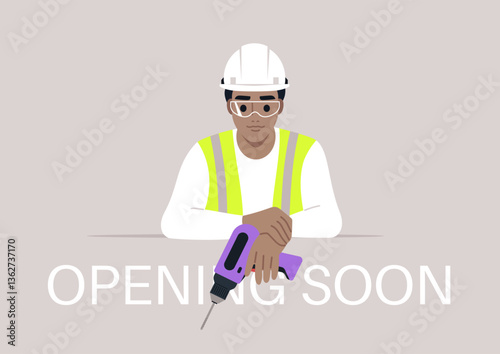Opening soon, Engineer preparing for construction with a drill and a focused look, symbolizing the anticipation of projects about to unfold