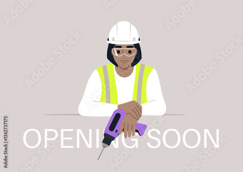 Opening soon, Engineer preparing for construction with a drill and a focused look, symbolizing the anticipation of projects about to unfold