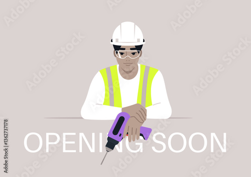 Opening soon, Engineer preparing for construction with a drill and a focused look, symbolizing the anticipation of projects about to unfold