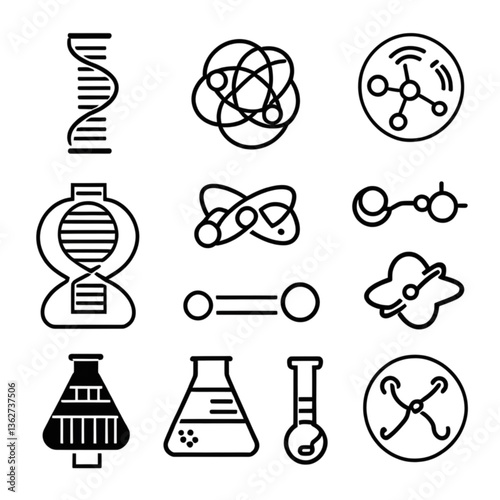 科学・化学アイコンセット（DNA・分子・フラスコ）｜Science and Chemistry Icon Set (DNA,Molecules, Flasks)